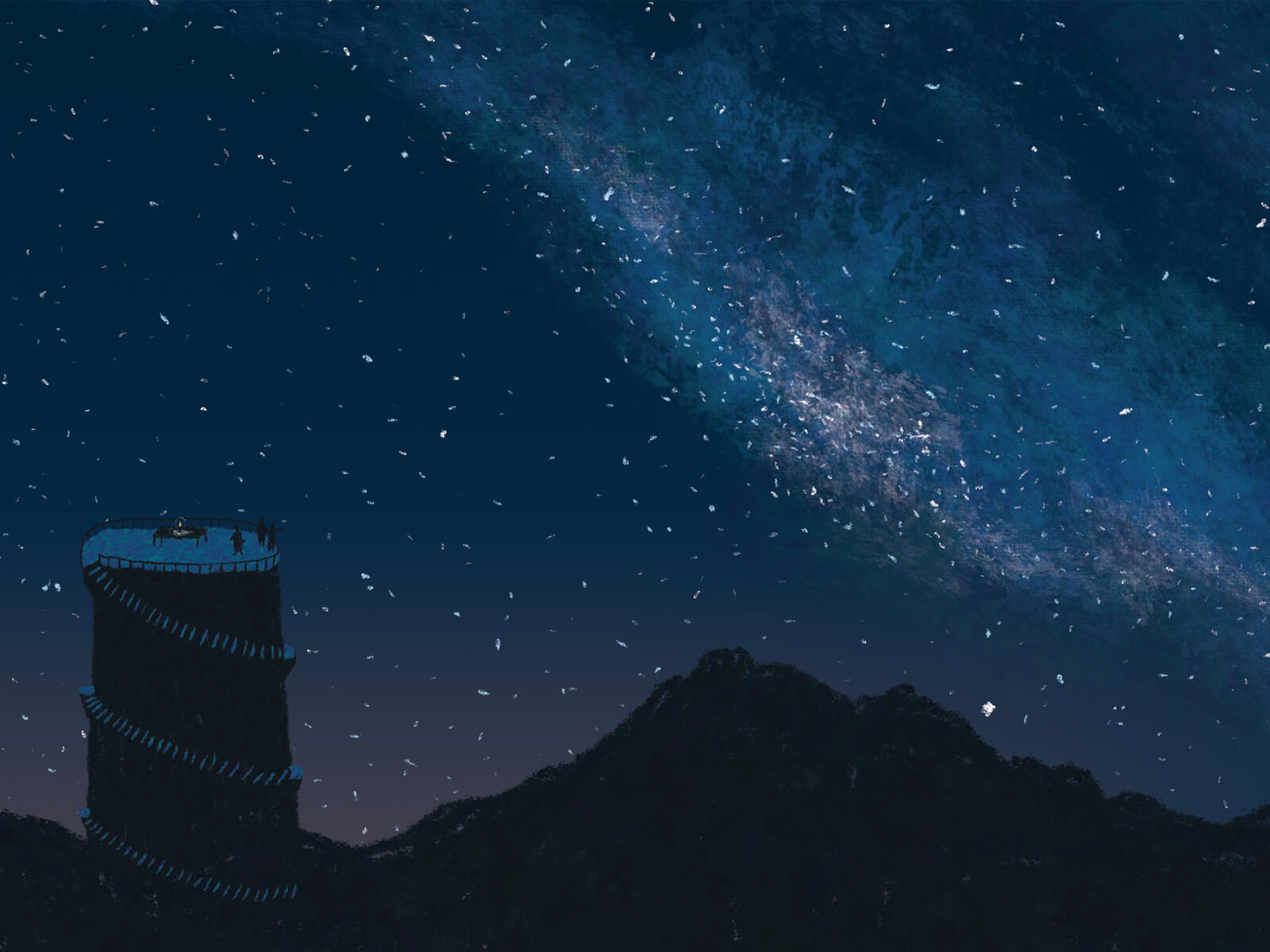A watch tower silhouette in a night sky
