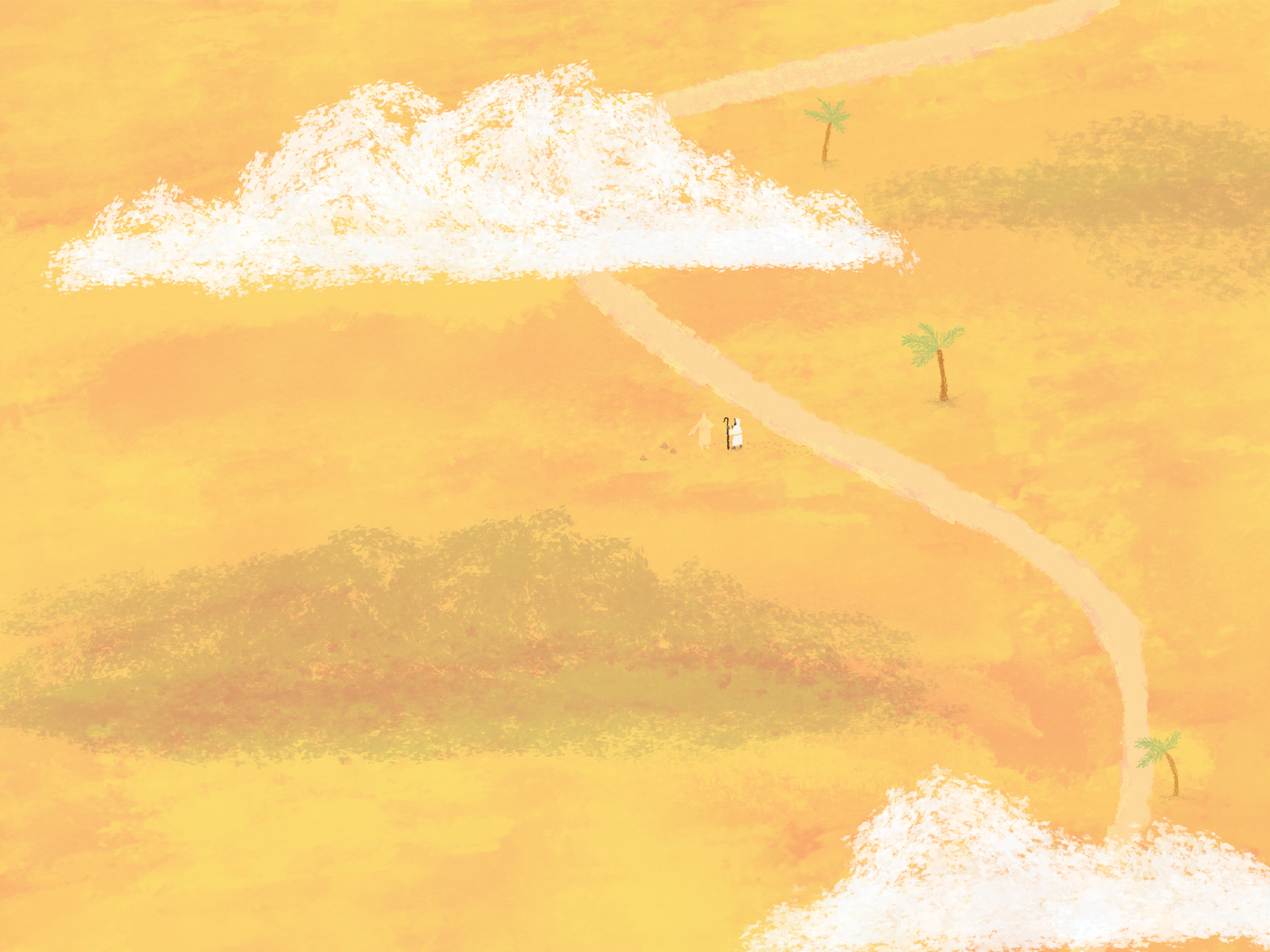 An illustration of a pathway in a desert. Two small figures can be seen beside the path.