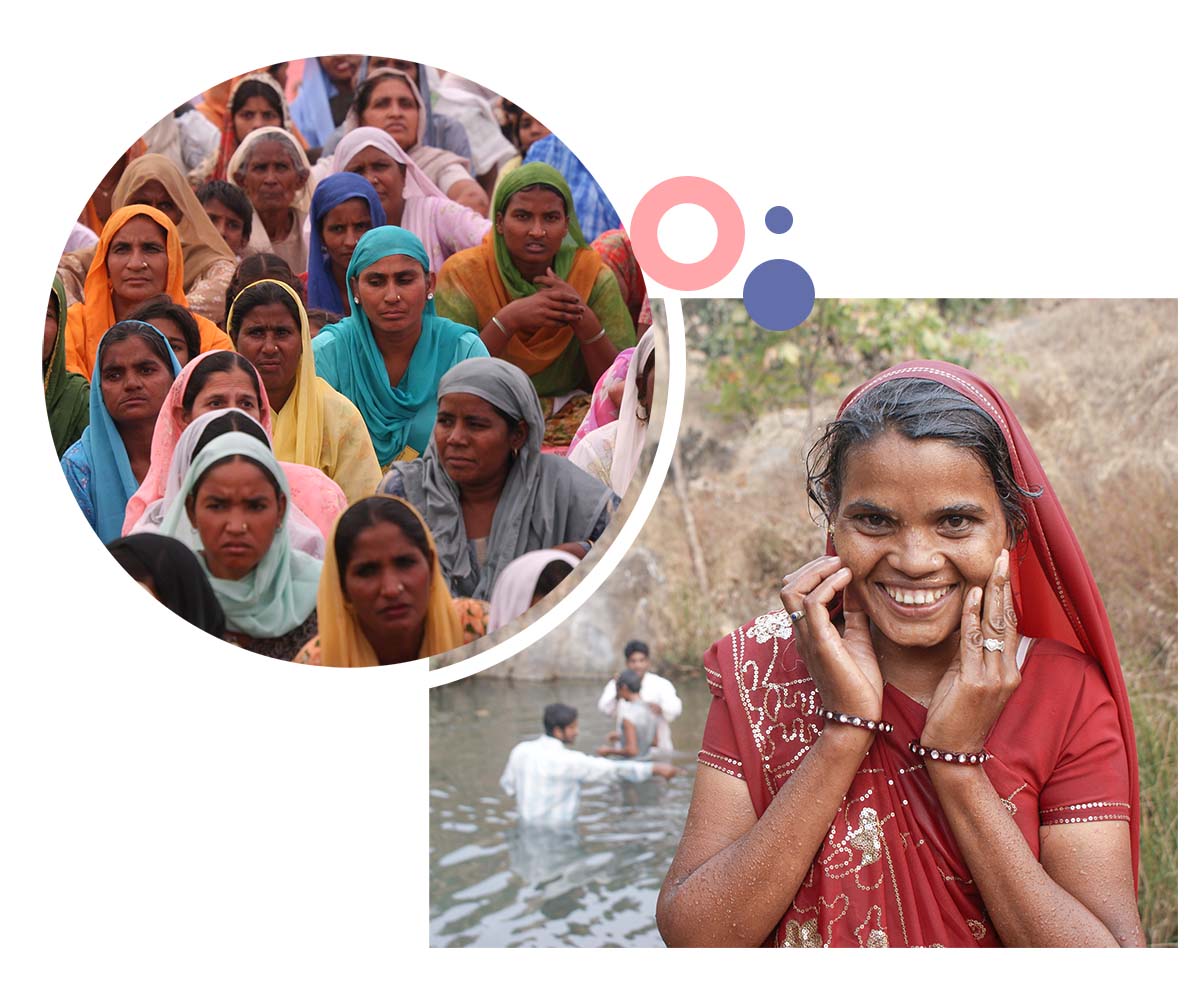 image collage of women in South Asia. A leadership training class of women on top left and a woman being baptized on the bottom right.